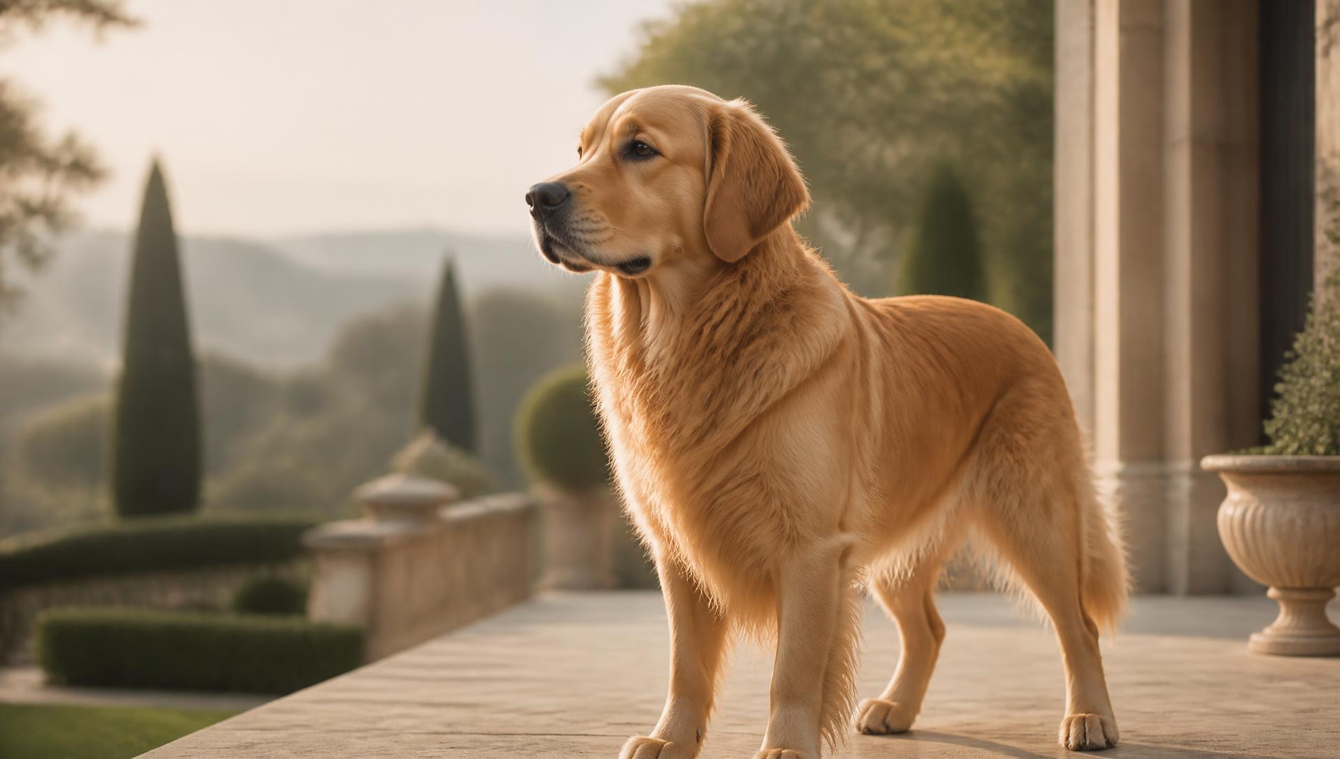 Healthy golden retriever standing in morning light on an estate terrace
