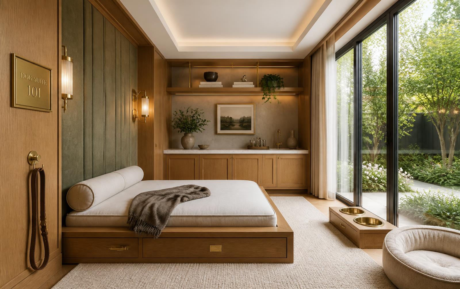 Luxury dog hotel suite with linen bedding platform, oak panelling and garden view