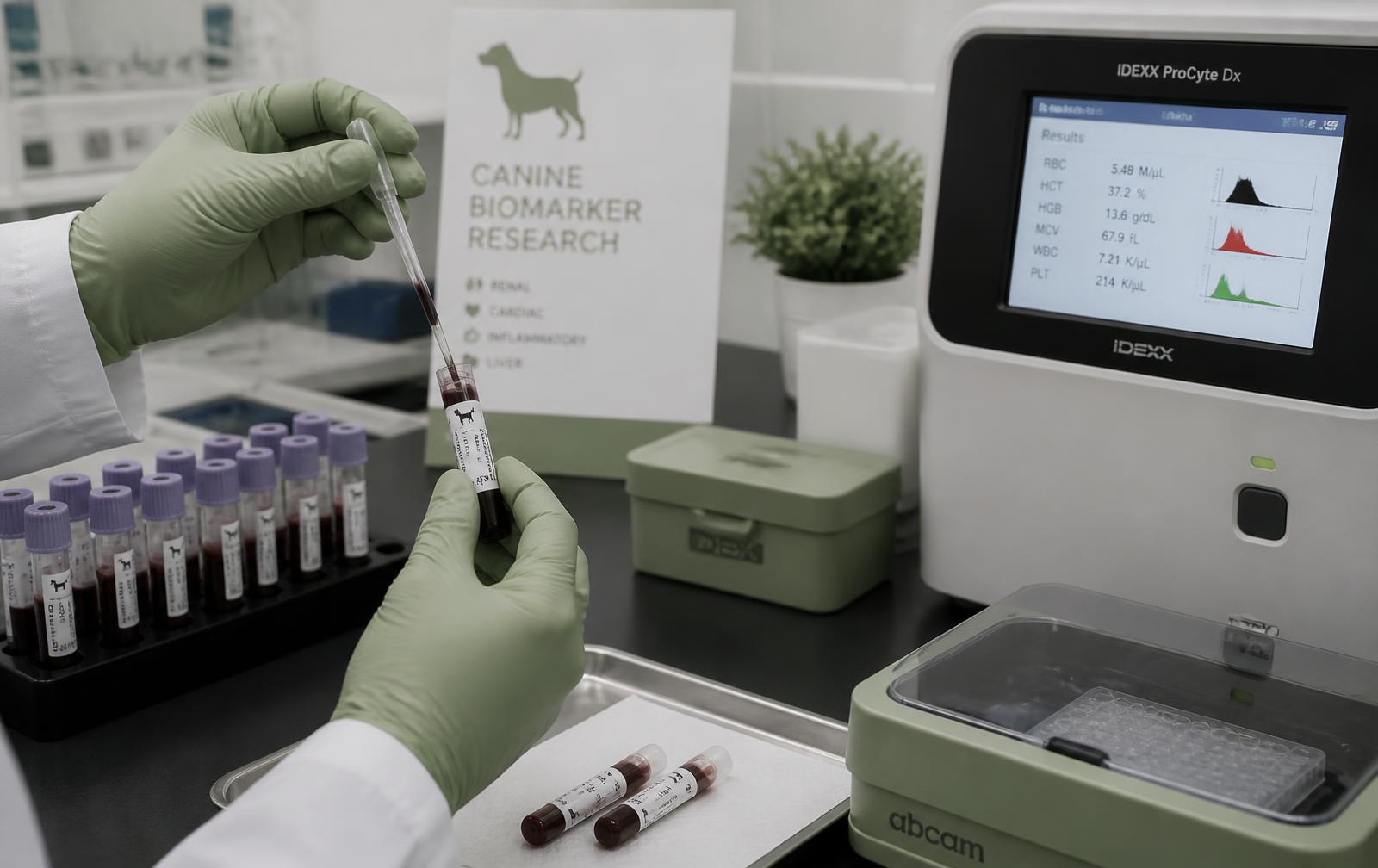 Canine blood biomarker samples being prepared in a veterinary research laboratory