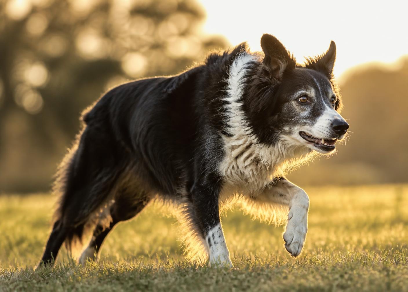 Grey-muzzled border collie moving athletically across a field at golden hour